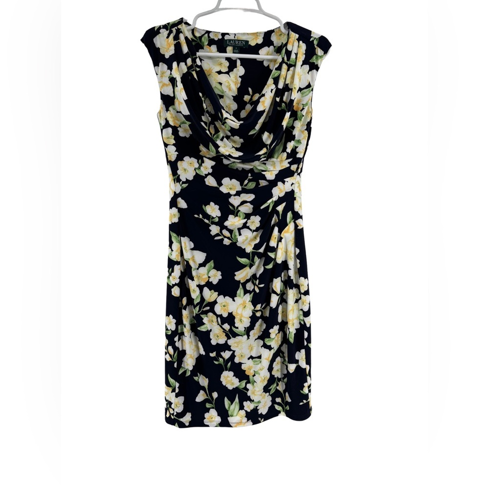 Ralph Lauren Size 4 Black Mid Length Dress with Yellow and White Floral Design